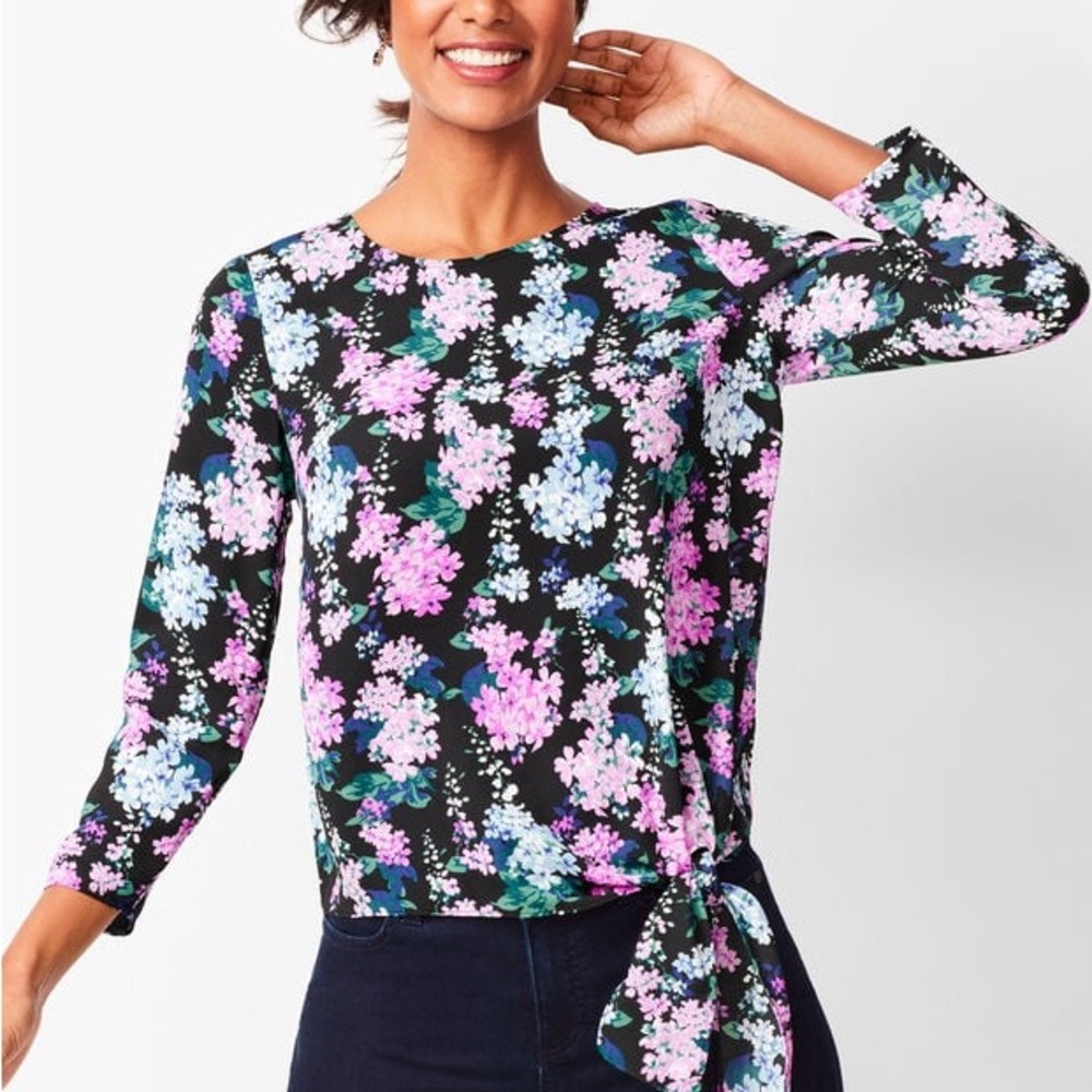 Talbots Black Purple Floral Tie Front Blouse Medium Petite